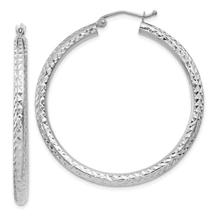 14k White Gold Diamond-cut Round Hoop Earrings (Style TC257)
