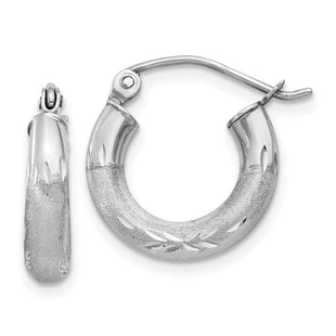 14k White Gold Satin and Diamond-cut Round Hoop Earrings (Style TC280)