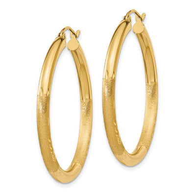 14K Satin and Diamond-cut Round Hoop Earrings, 35 x 3mm