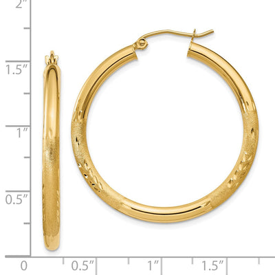 14K Satin and Diamond-cut Round Hoop Earrings, 35 x 3mm