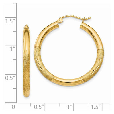 14K Satin and Diamond-cut Round Hoop Earrings, 30 x 3mm
