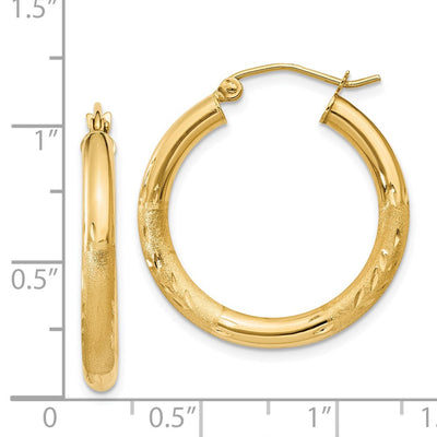14K Satin and Diamond-cut Round Hoop Earrings, 25 x 3mm