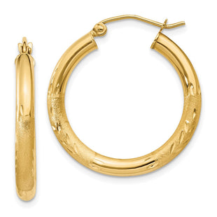 14k Satin and Diamond-cut Round Hoop Earrings (Style TC289)