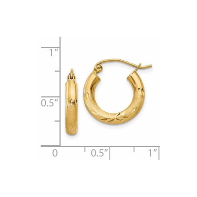 14K Satin and Diamond-cut Round Hoop Earrings, 16 x 3mm