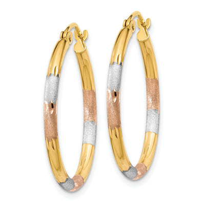 14K w/White and Rose Rhodium Satin & D/C Hoop Earrings, 22 x 2mm