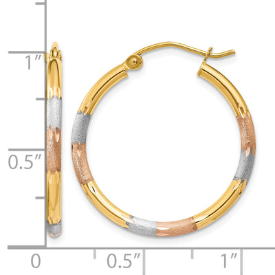 14K w/White and Rose Rhodium Satin & D/C Hoop Earrings, 22 x 2mm