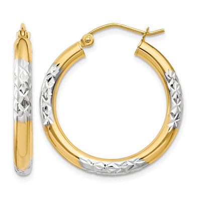 14K and Rhodium Diamond-cut Hoop Earrings, 25 x 3mm