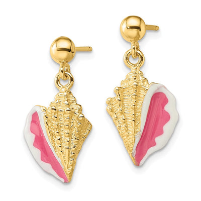 14K White and Pink Enamel Conch Shell Dangle Earrings, 15.1 x 10.7mm