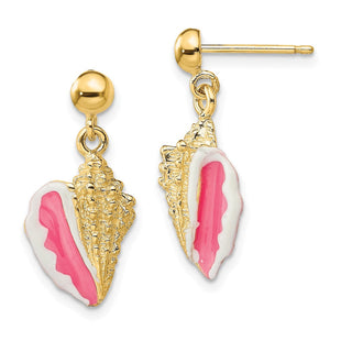 14K White and Pink Enamel Conch Shell Dangle Earrings (Style TE678)