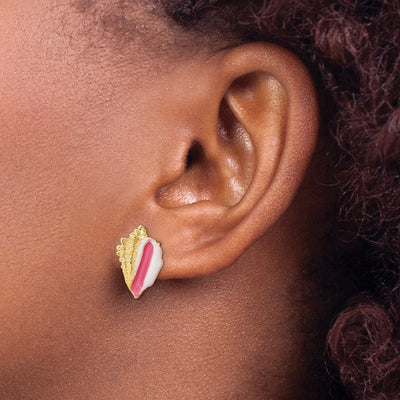 14K White and Pink Enamel Conch Shell Post Earrings, 13.9 x 10.3mm