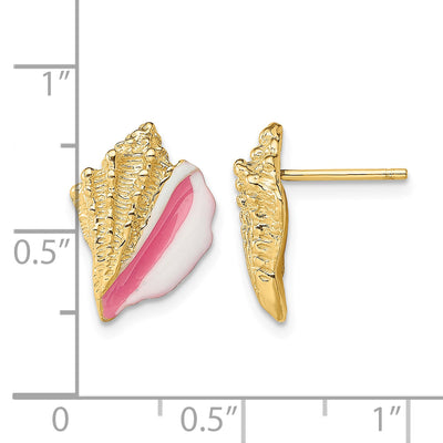 14K White and Pink Enamel Conch Shell Post Earrings, 13.9 x 10.3mm