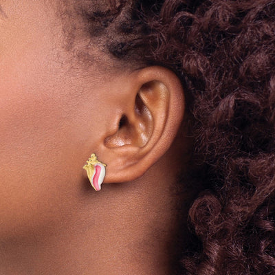 14K White and Pink Enamel Conch Shell Post Earrings, 15.4 x 9.4mm