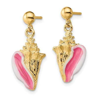 14K White and Pink Enamel Conch Shell Dangle Earrings, 15.6 x 10.1mm