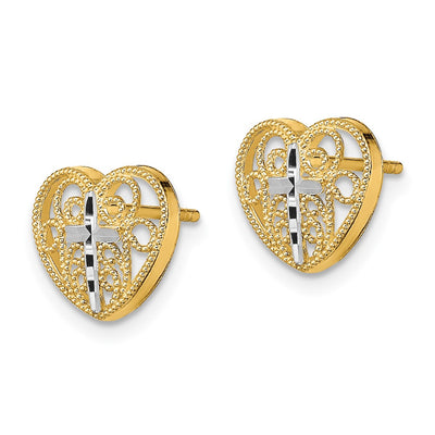 14K w/Rhodium Filigree Cross Center Heart Post Earrings