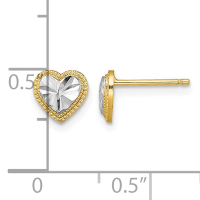 14K w/ Rhodium D/C Heart Post Earrings, 6.55 x 6.9mm