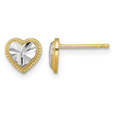 14K w/ Rhodium D/C Heart Post Earrings, 6.55 x 6.9mm