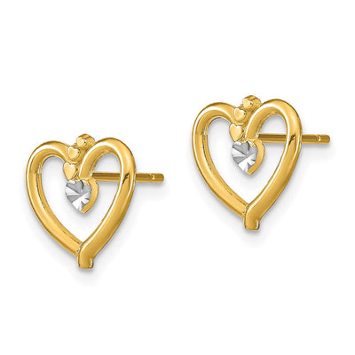 14K w/ Rhodium D/C Heart Post Earrings, 10 x 11mm