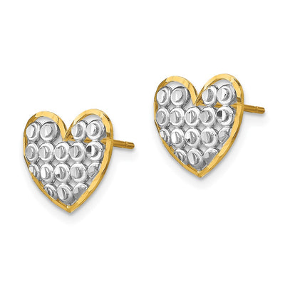 14K w/ Rhodium D/C Heart Post Earrings, 11.95 x 12.85mm