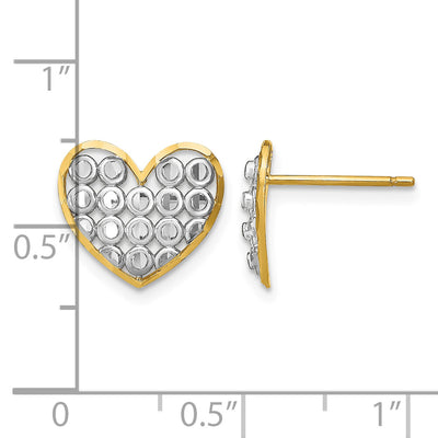 14K w/ Rhodium D/C Heart Post Earrings, 11.95 x 12.85mm