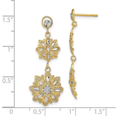 14K w/Rhodium D/C Filigree Floral Post Dangle Earrings