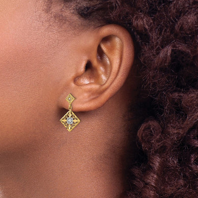 14K w/Rhodium D/C Square Filigree Dangle Earrings