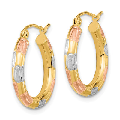 14K w/White and Rose Rhodium Polished Satin Diamond-cut Hoop Earrings, 21.5 x 3mm