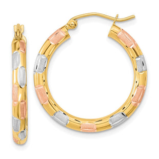 14k w/White and Rose Rhodium Polished Satin Diamond-cut Hoop Earrings (Style TF1019)