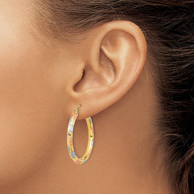 14K w/ White and Rose Rhodium Polished Satin Diamond-cut Hoop Earrings, 32.25 x 3mm