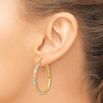 14K w/ White and Rose Rhodium Polished Satin Diamond-cut Hoop Earrings, 36.5 x 3mm