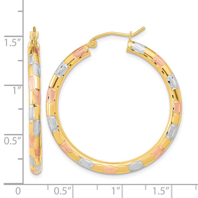 14K w/ White and Rose Rhodium Polished Satin Diamond-cut Hoop Earrings, 36.5 x 3mm