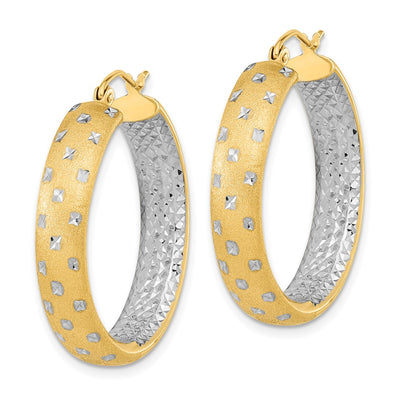 14K White Rhodium Polished Satin Diamond-cut In/Out Hoop Earrings, 30 x 5.75mm
