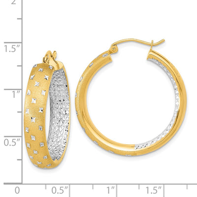 14K White Rhodium Polished Satin Diamond-cut In/Out Hoop Earrings, 30 x 5.75mm
