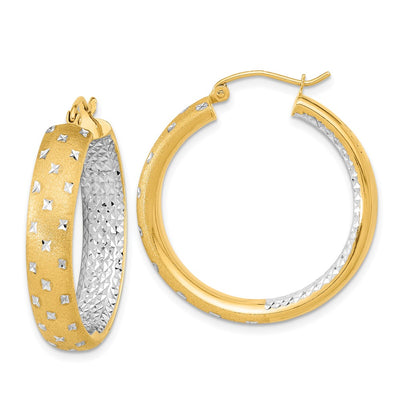 14K White Rhodium Polished Satin Diamond-cut In/Out Hoop Earrings, 30 x 5.75mm