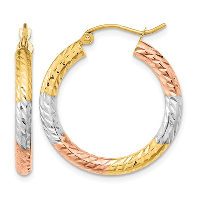 14K w/White and Rose Rhodium Polished Diamond-cut Hoop Earrings, 27.25 x 25.7mm
