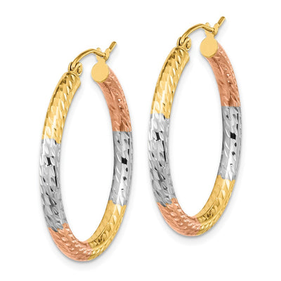 14K w/White and Rose Rhodium Polished Diamond-cut Hoop Earrings, 31.5 x 30.3mm