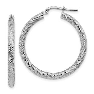 14k White Gold Diamond-cut Round Hoop Earrings (Style TF1342W)