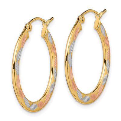 14K w/White and Rose Rhodium Diamond Cut Hoop Earrings, 22 x 1.3mm