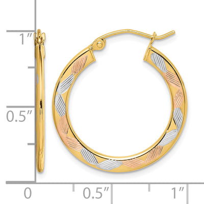 14K w/White and Rose Rhodium Diamond Cut Hoop Earrings, 22 x 1.3mm
