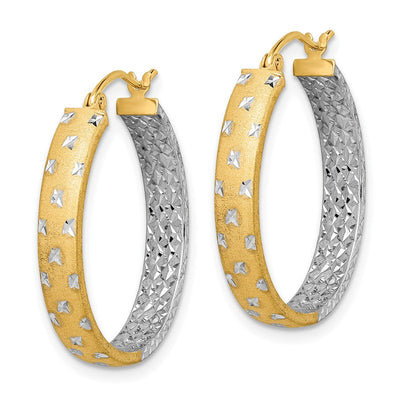 14K w/White Rhodium Polished Satin Diamond-cut In/Out Hoop Earrings, 25 x 4mm