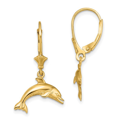 14K Jumping Dolphin Leverback Earrings