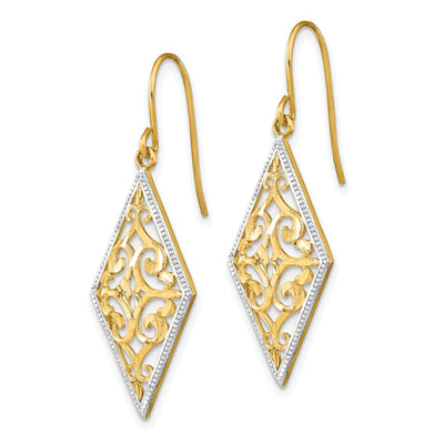 14K w/Rhodium Diamond Shape Filigree Dangle Earrings