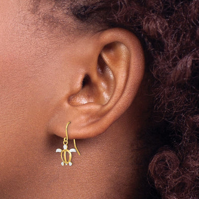 14K W/ Rhodium Sea Turtle Dangle Earrings, 20 x 10.8mm