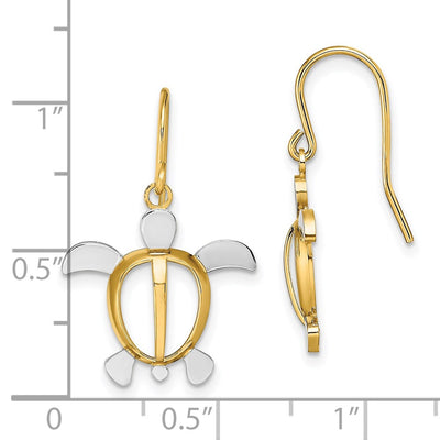 14K W/ Rhodium Sea Turtle Dangle Earrings, 25.8 x 16.7mm