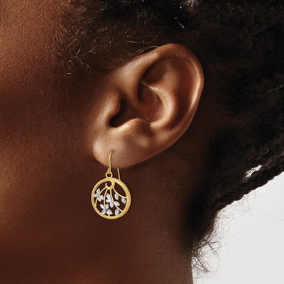 14K w/Rhodium D/C Leaves Round Dangle Earrings