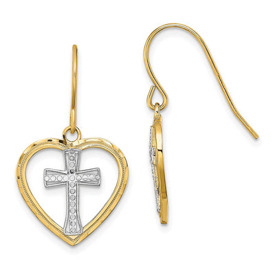 14K w/Rhodium Cross In Center Heart Earrings