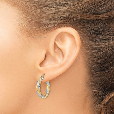 14K w/White Rhodium Polished Twisted Hoop Earrings, 25 x 3.7mm