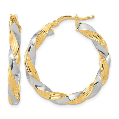 14K w/White Rhodium Polished Twisted Hoop Earrings, 30 x 3.7mm