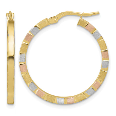 14K w/White & Rose Rhodium Polished & Satin Hoop Earrings, 27 x 2mm
