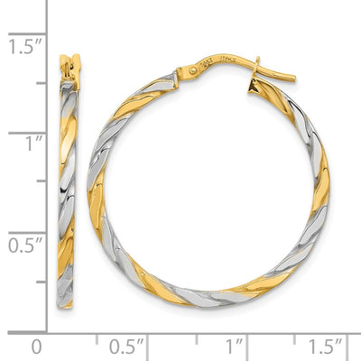 14K & White Rhodium Polished & Twist Hoop Earrings, 30.5 x 2mm
