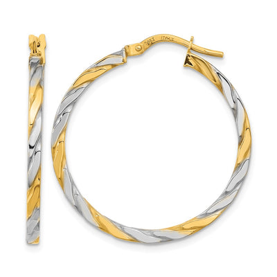 14K & White Rhodium Polished & Twist Hoop Earrings, 30.5 x 2mm